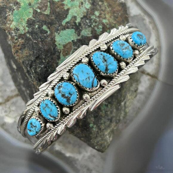 Anita Whitegoat Native American Sterling 7 Turquoise Row Bracelet For Women #1 - Picture 1 of 10